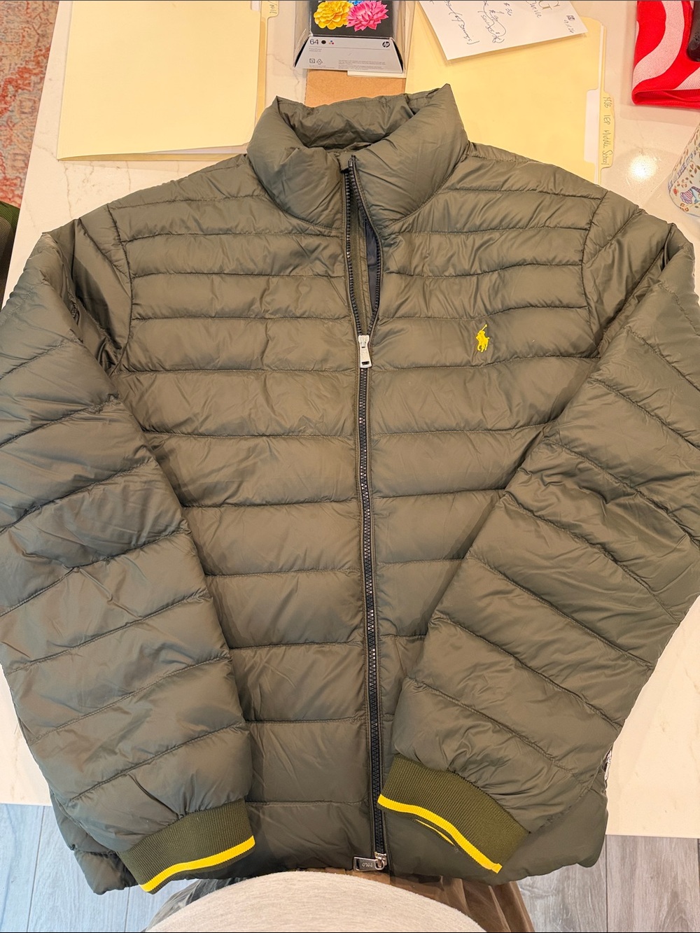 Polo by Ralph Lauren Olive Quilted Puffer Jacket with Yellow Pony